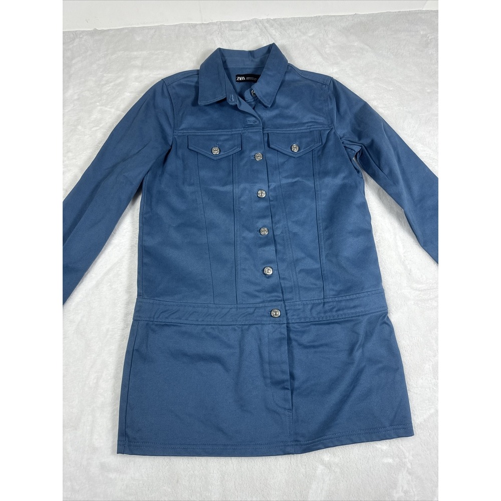 Zara Womens Blue Denim Style Long Sleeve Mini Shirt Dress Size M Pockets